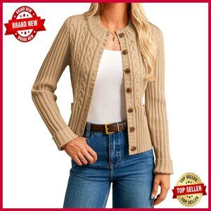 Chunky Cable Knit Cropped Cardigan, Button Up Winter Sweater, Women's